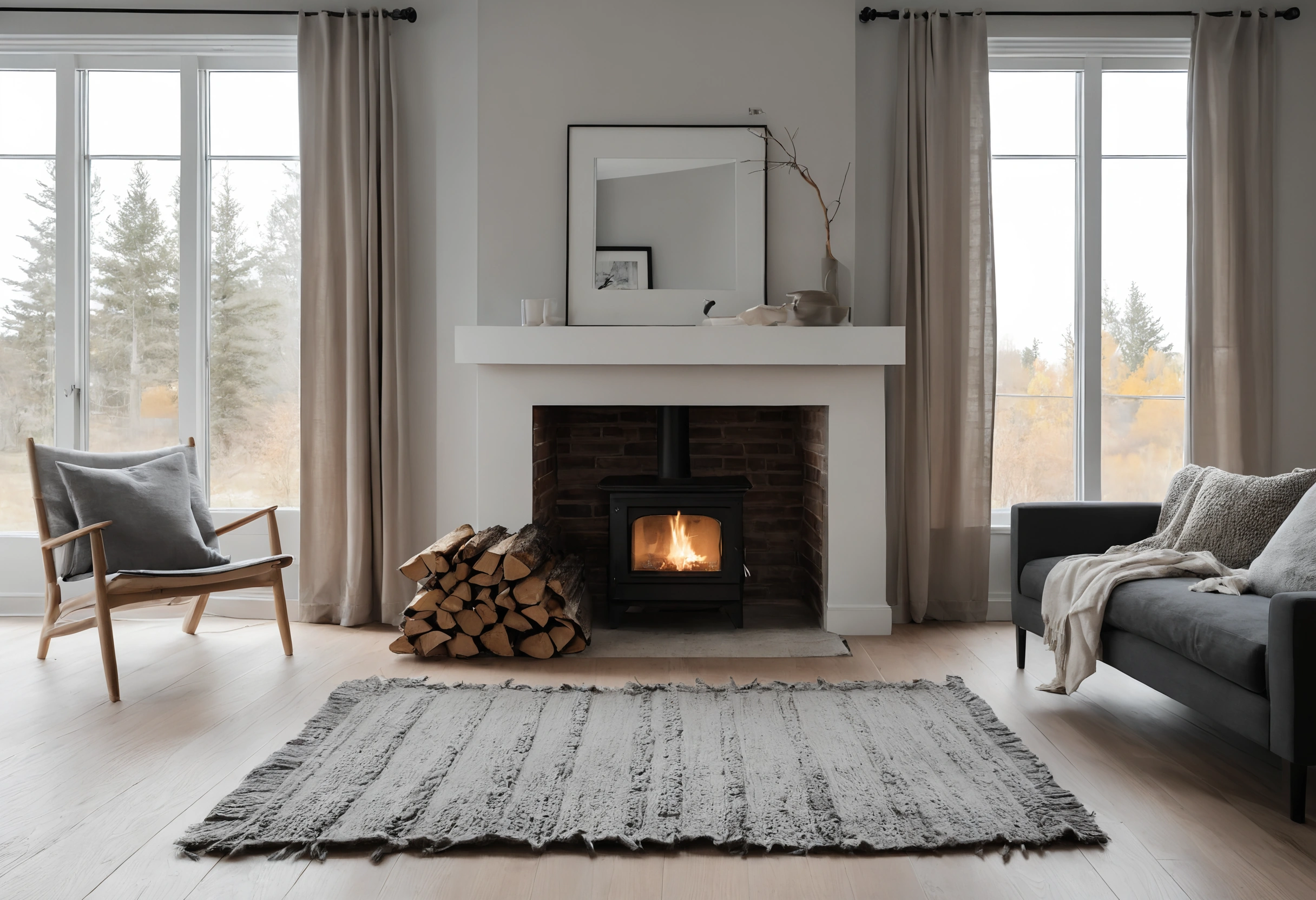Calgary living room with a white fireplace surround, wood-burning stove, stacked logs, grey wool rug on a pale oak floor and two tall windows onto spruce