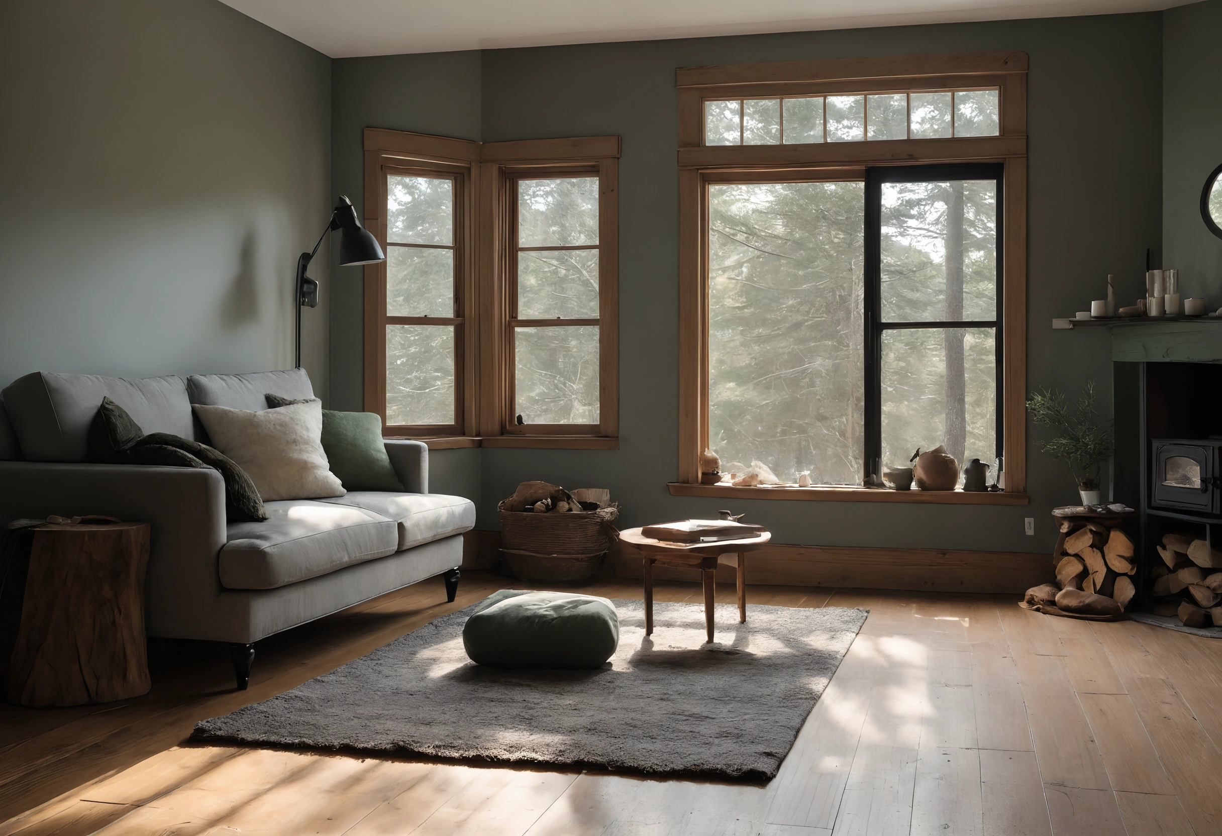 Calgary living room with sage green walls, timber-framed windows onto trees, grey sofa, small wood stove and a wool rug on an oak floor in low autumn light